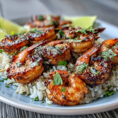Thick shrimp skewers glazed with jerk spices, lightly charred from the grill beside a bed of coconut rice.