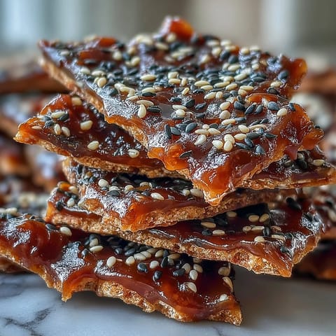 Black Sesame Brittle pieces stacked on a plate, glossy golden caramel studded with toasted seeds.