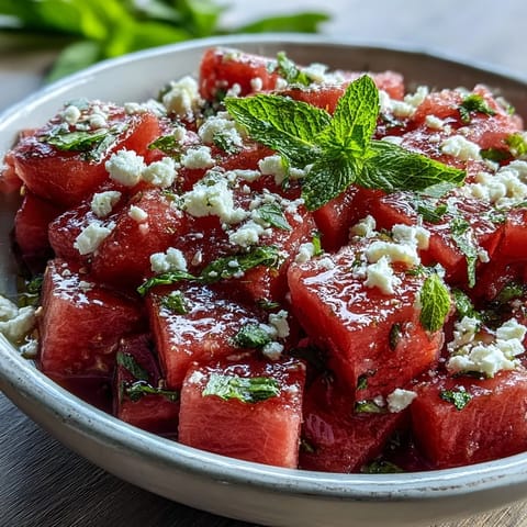 Freshly cubed 5-Ingredient Watermelon Feta Mint Salad with olive oil and lime, perfect for a BBQ.