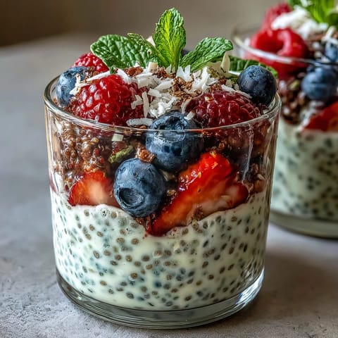 Letnie Summer Berry Chia Pudding Meal Prep Cups z plasterkami truskawek i borówkami.