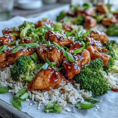 Złocisty kurczak i chrupiące brokuły w domowym sosie teriyaki z blachy, serwowane na ciepło z brązowym ryżem