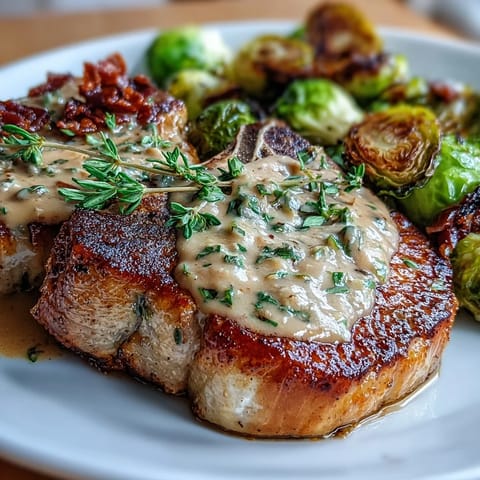 Juicy pan-seared Keto Creamy Dijon Pork Chops with roasted Brussels sprouts, smothered in tangy sauce, served hot on a rustic plate.