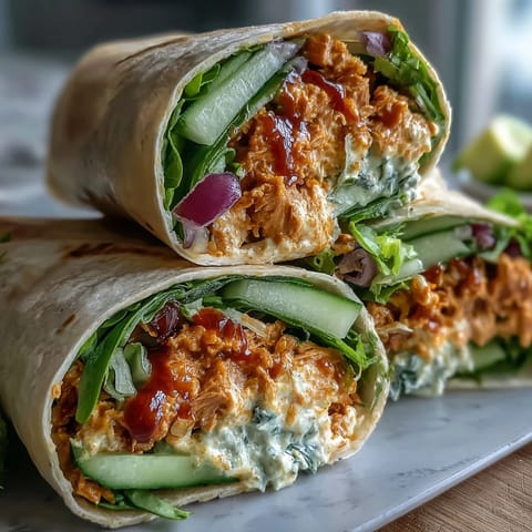 Stuffed tortillas with creamy Vegan Buffalo Chickpea Salad, crisp romaine lettuce, and fresh cucumber slices.