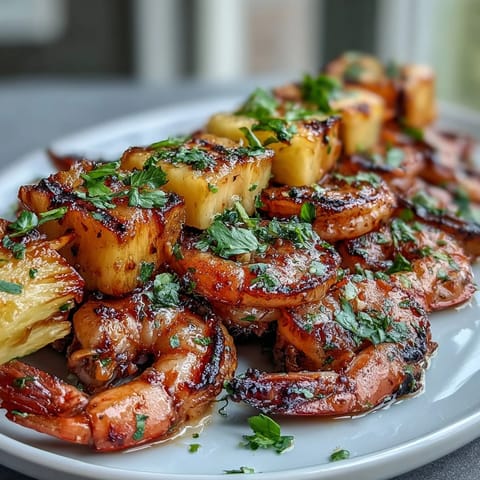 Soczyste krewetki i ananas na patyku marynowane w limonkowym sosie na grille