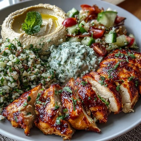 2. Flavorful grilled chicken marinated in lemon and spices, paired with smooth hummus and vibrant tabbouleh salad.