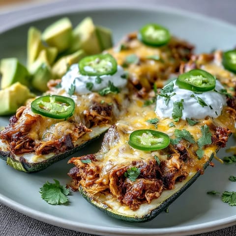 Zielone łódki z cukinii napełnione mięsem z kurczaka w sosie enchilada, posypane roztopionym serem i pieczone do złotego koloru.