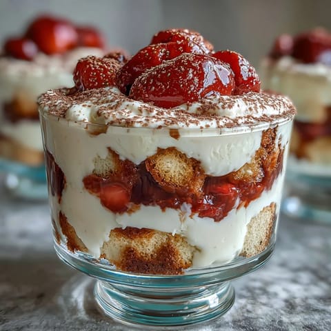 2. Individual strawberry tiramisu cups featuring fluffy mascarpone cream, juicy macerated strawberries, and coffee-dipped ladyfingers for a romantic treat.  
