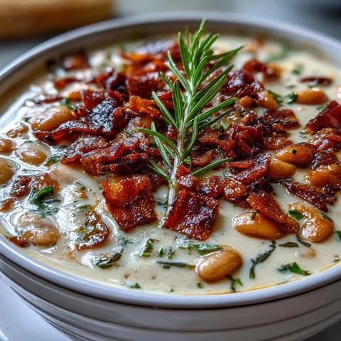 Zupa fasolowa z kremowym zakończeniem, udekorowana chrupiącym bekonem i świeżym rozmarynem.  