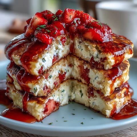 Pyszne, białkowe naleśniki z serem wiejskim i świeżymi truskawekami, idealne na zdrowy śniadanie.  