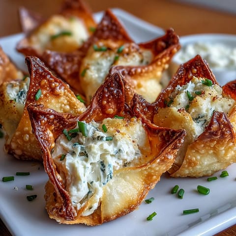 Chrupiące wontony z farszem z serka krabiego i sera kremowego, smażone w frywarze do złotego koloru.