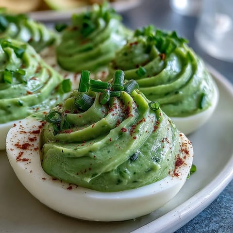 2. Creamy avocado deviled eggs with a zesty lemon twist, garnished with paprika and chives for a colorful, nutritious party snack.