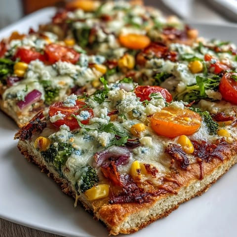 St. Patricks Day Rainbow Veggie Flatbread Pizza with colorful fresh vegetables arranged in vibrant rainbow stripes.  