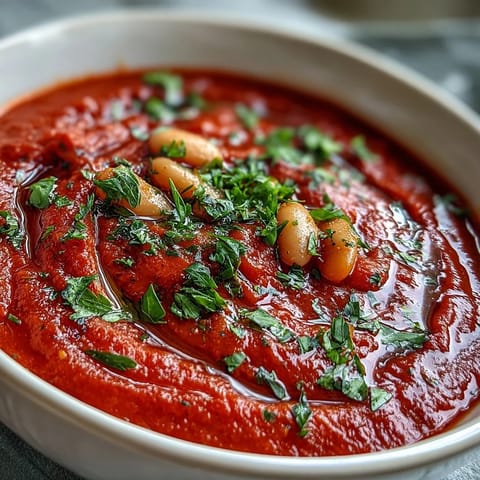 Pyszna, kremowa zupa z pieczonych czerwonych papryk i białych fasoli, przygotowana na aromatycznych ziołach i przyprawach.