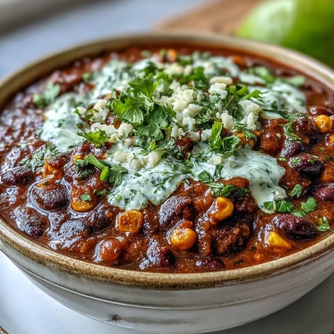 Obraz przedstawia garnek z czarną fasolą i kukurydzą w pikantnym sosie chili, udekorowany kremem z limonki.  
