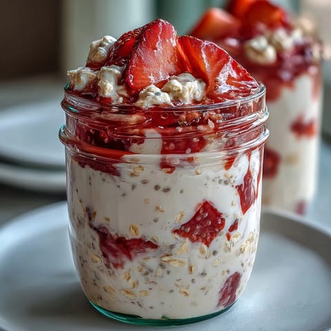 Białko w płatkach z vanilią i truskawkami na noc z chia, pokryte świeżymi truskawkami i kwaśną śmietaną grecką.