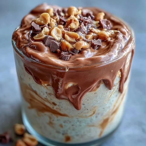 Wrzucane z owsianki na noc z masłem orzechowym i czekoladą, zdobione mini czekoladkami i pokruszonymi orzechami warkoczkowymi.