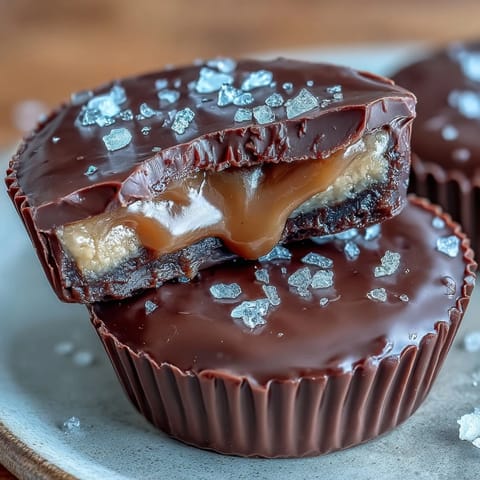 2. Decadent homemade peanut butter cups filled with salted caramel, coated in smooth chocolate, and finished with a sprinkle of sea salt.