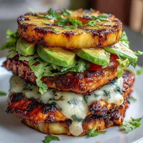 2. Savory grilled chicken breasts layered with sweet pineapple rings, melted cheese, and vibrant vegetables in a hearty, gluten-free stack.  