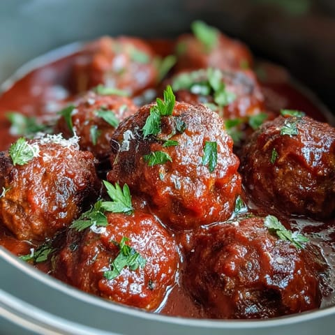 Slow cooker meatballs with rich tomato sauce, juicy and tender, served warm for easy entertaining.  