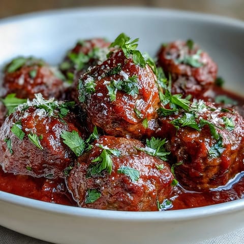 Aromatic slow cooker meatballs simmered in herb-infused tomato sauce, perfect for parties or weeknight dinners.  