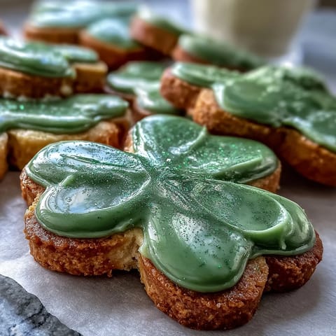 Delikatne herbaciane ciasteczka z kruchych ciast cukrowych, pokryte gładkim lukrem krolewskim na Święto Świętego Patryka.