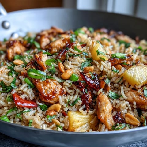 Talerz pełny tropikalnego ryżu smażonego z kawałkami kurczaka, ananasa i kolorowych warzyw, ozdobiony orzeszkami nerkowca.  