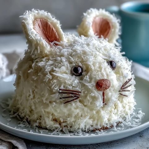 Whimsical bunny-shaped vanilla cake with fluffy coconut frosting and candy features.  