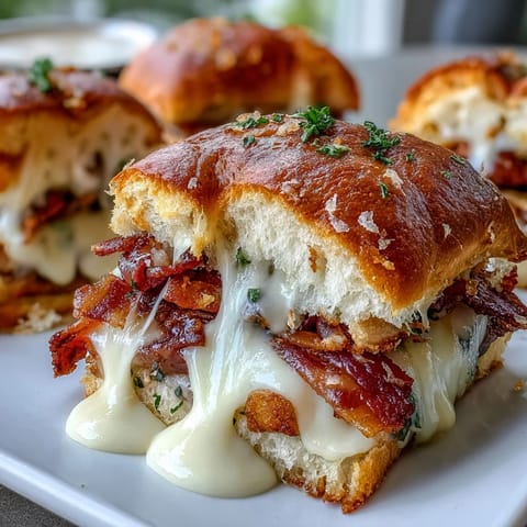 Mniejsze wersje słynnego kanapka Hot Brown z Kentukku z kurczakiem, chrupiącym bekonem i kremowym sosem Mornay na miękkich bułkach.