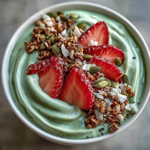 1. Vibrant strawberry matcha latte smoothie bowl with creamy frozen fruit base, fresh strawberry slices, crunchy granola, chia seeds, and coconut flakes.