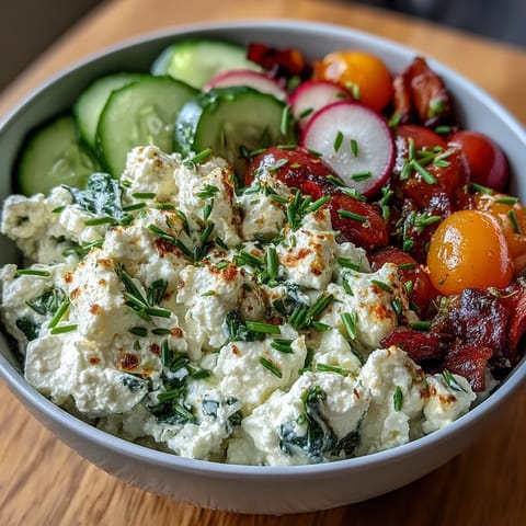 Pyszna miska śniadaniowa z kremowym serem wiejskim, chrupiącymi warzywami i świeżymi ziołami na wiosenny poranek.