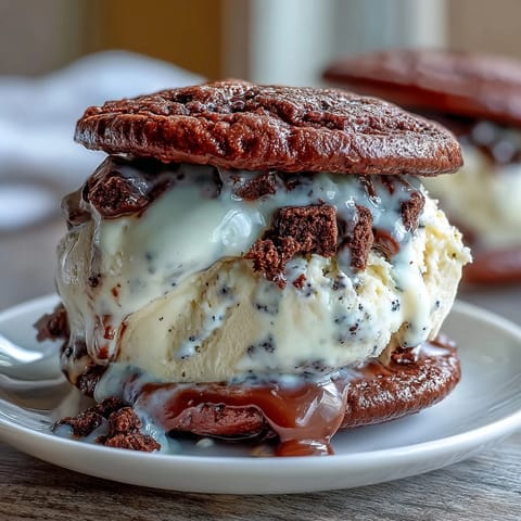 Kremowe lody waniliowe z fasolą vanilli między miękkimi ciasteczkami z kawą tworzą dekadenckie mrożone ciastka inspirowane klasyczną kawą.