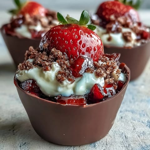 Słodki deser z filiżanek czekoladowych, nadziewanych kremem truskawkowym i kruszonką Biscoff.  