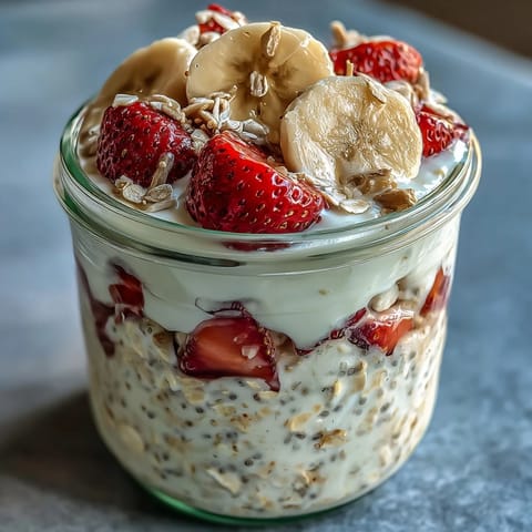 Pyszne śniadanie na mleku nocne z świeżymi truskawkami, dojrzałym bananem i chia, przygotowane na rękę.  