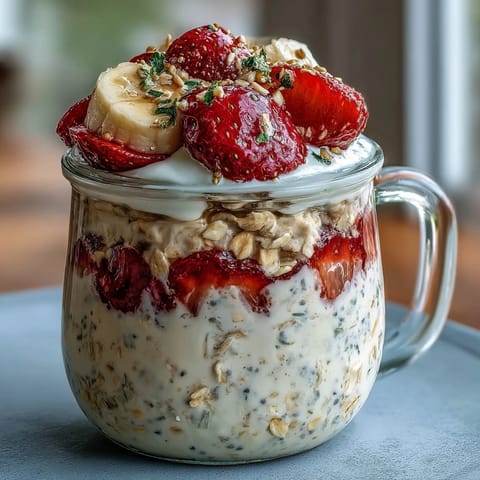 Warstwowe płatki z chia z chrupkimi kawałkami truskawek i bananów, idealne na rychły posiłek poranny.  