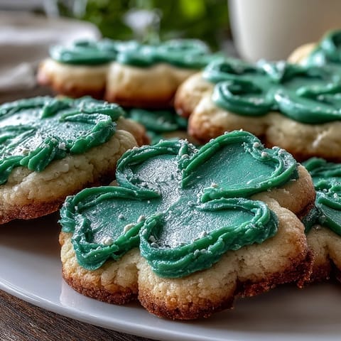 Świąteczne, miękkie ciasteczka cukrowe zdobione żywicznie kremem masłowym w kolorze zielonym i złotym na Święto Świętego Patryka.