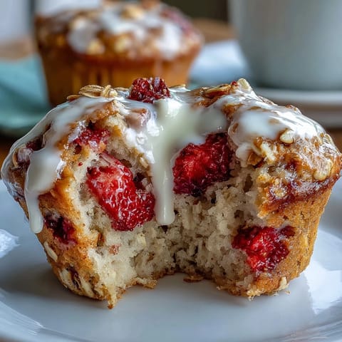 Świeże muffinki z truskawkami, greckim jogurtem i płatkami owsianymi, pachnące piekarnem i idealne na śniadanie.