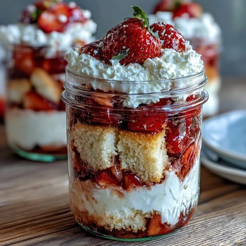 Świeże truskawki i krem w słoikach - warstwy puszystego biszkoptu, świeżych truskawek i puszystego bitego śmietanu.