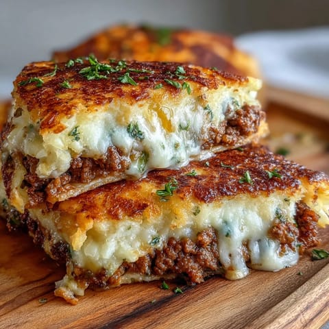 Złocista tortillia z warstwami mielonego mięsa, warzyw i kremowych ziemniaków, smażona do złotego koloru — idealna shepherds pie quesadilla.  