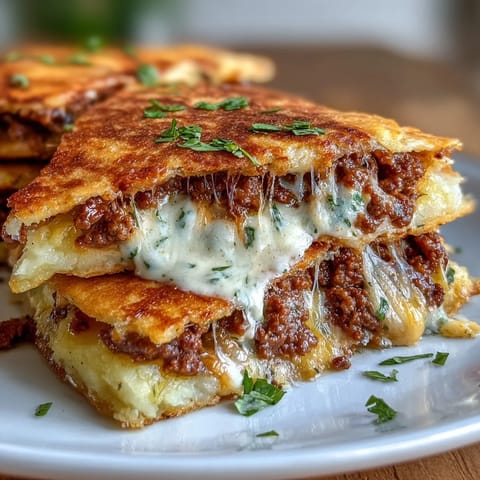 Pyszna shepherds pie quesadilla z chrupią skórką, nadziewana mięsem, groszkiem i masłem ziemniaczanym — twardy klasyk w nowej oprawie.  