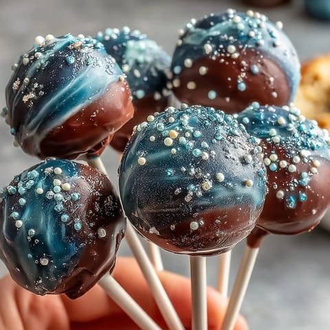 Pisces-themed galaxy cake pops with edible glitter, swirling with cosmic colors and shimmering accents for a magical dessert.