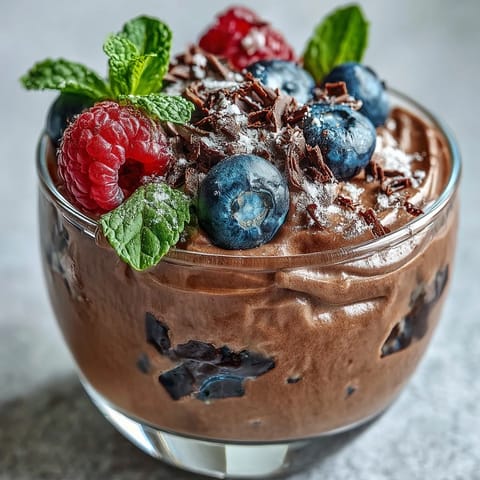 Kremowa mousse czekoladowa z serem wiejskim w kubkach, udekorowana świeżymi jagodami i laskami czekoladowymi.  