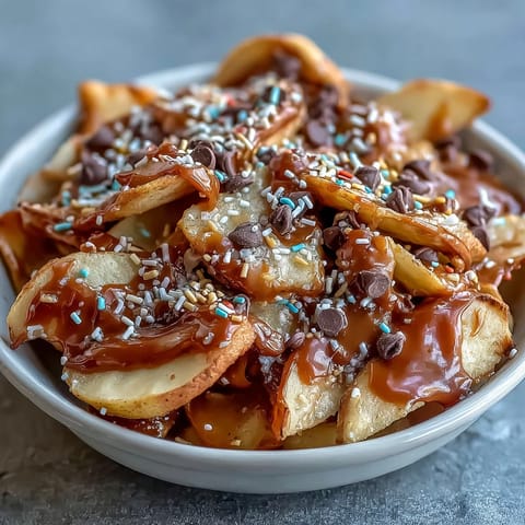 Wesoła wersja klasycznych cukierków na patelni z chrupiącymi jabłkami, polewą kajmakową i czekoladą.  