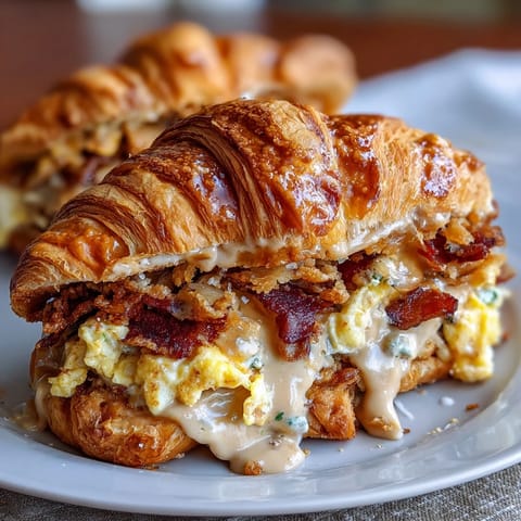 Bułki croissant z masłem, jajkiem i serem twarde i płynne, idealne na śniadanie w rodzinie lub na rychły początek dnia.