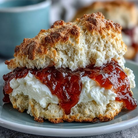 Pyszne, złociste scony podane ciepłe z kremem klinowym i słodkim dżemem owocowym na wiosenną herbatę popołudniową.