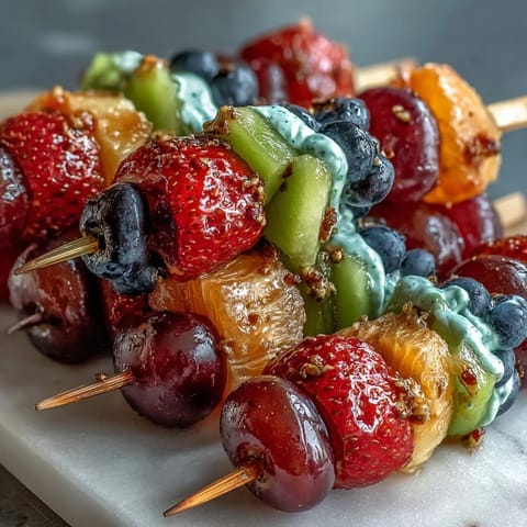 Świeże owocowe szaszłyki w kolorach tęczy z dipem jogurtowym idealne na Święto Świętego Patryka  