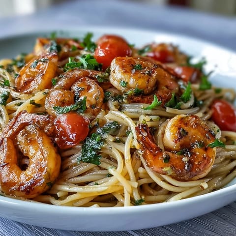 1. One-Pot Garlic Shrimp with Angel Hair pasta, fresh vegetables, and lemon sauce, served steaming hot in a skillet with parsley garnish.  