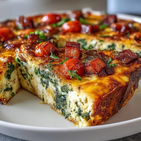 Złota frittata z szynką i serem, pełna świeżych warzyw i rozpływającego się sera, upieczona do złotego koloru.