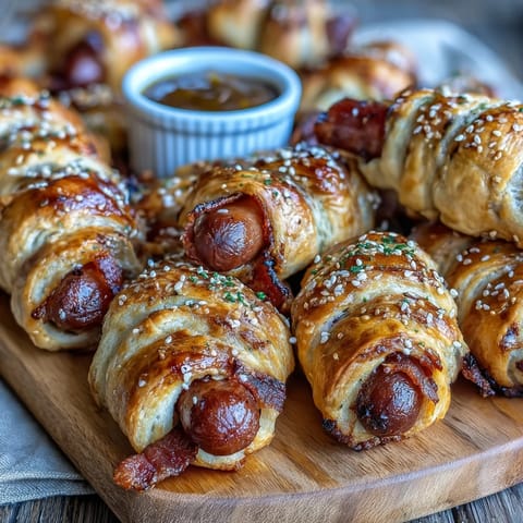 Klasyczne pigs in a blanket z dnia meczowego, złociste i puszyste, podane z dipem musztardowo-miodowym.  