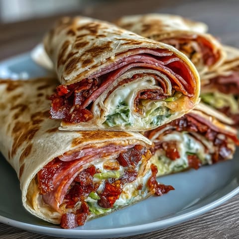Italian Sub Pinwheel Wraps with colorful layers of deli meats and cheese on a wooden cutting board, ready for slicing.