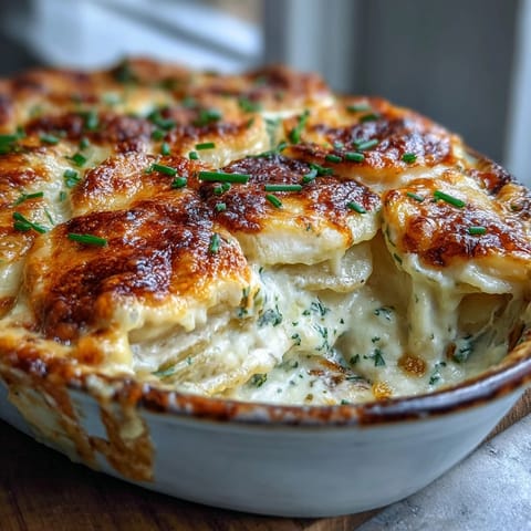 2. Cheesy au gratin potatoes featuring Yukon Gold slices in a decadent cream sauce, topped with melted Gruyère and Parmesan.